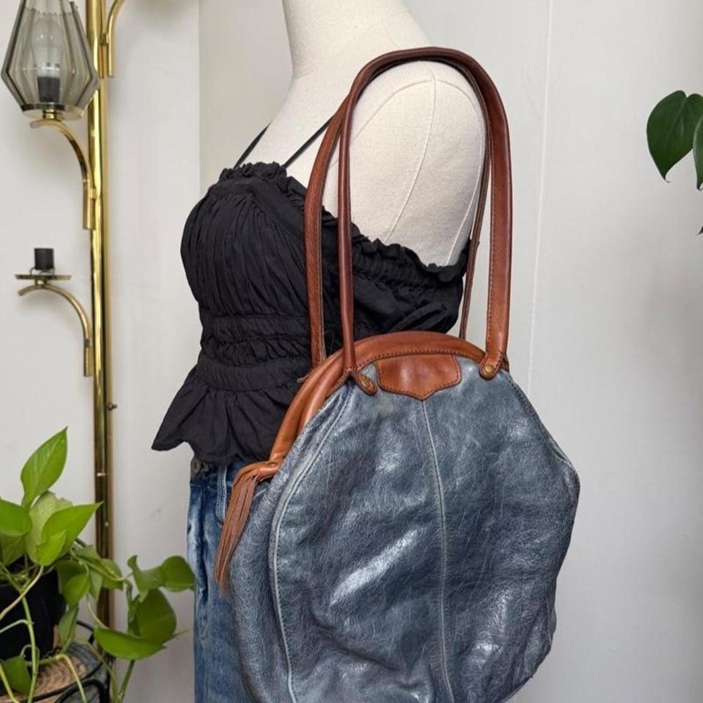 Blue Leather Bowling Bag Shoulder Bag Brown Leather Trim Polka Dot Liner Boho - Picture 2 of 8